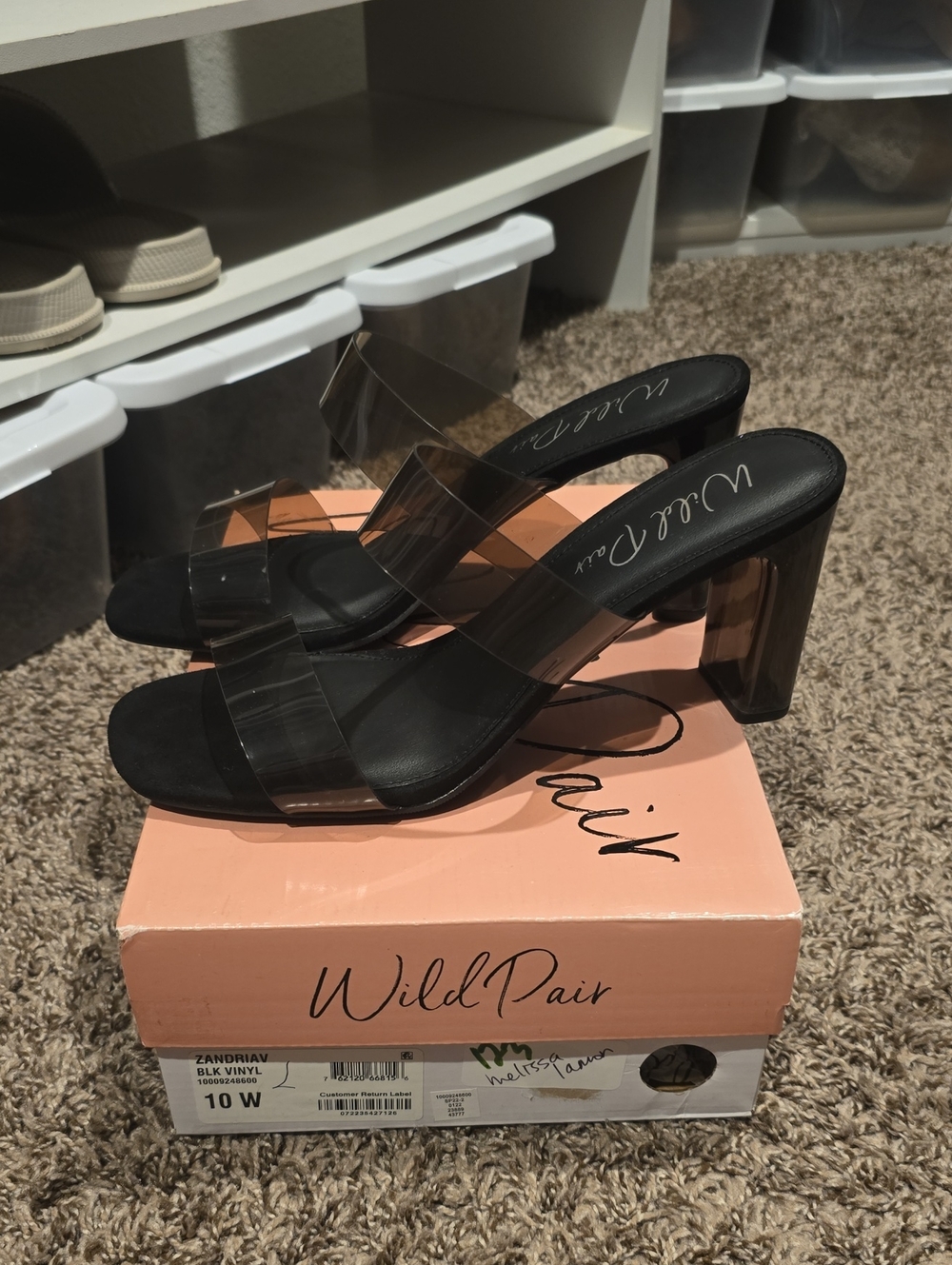 DONATING TODAY--Wild Pair Black Clear Vinyl Block Heel Mule